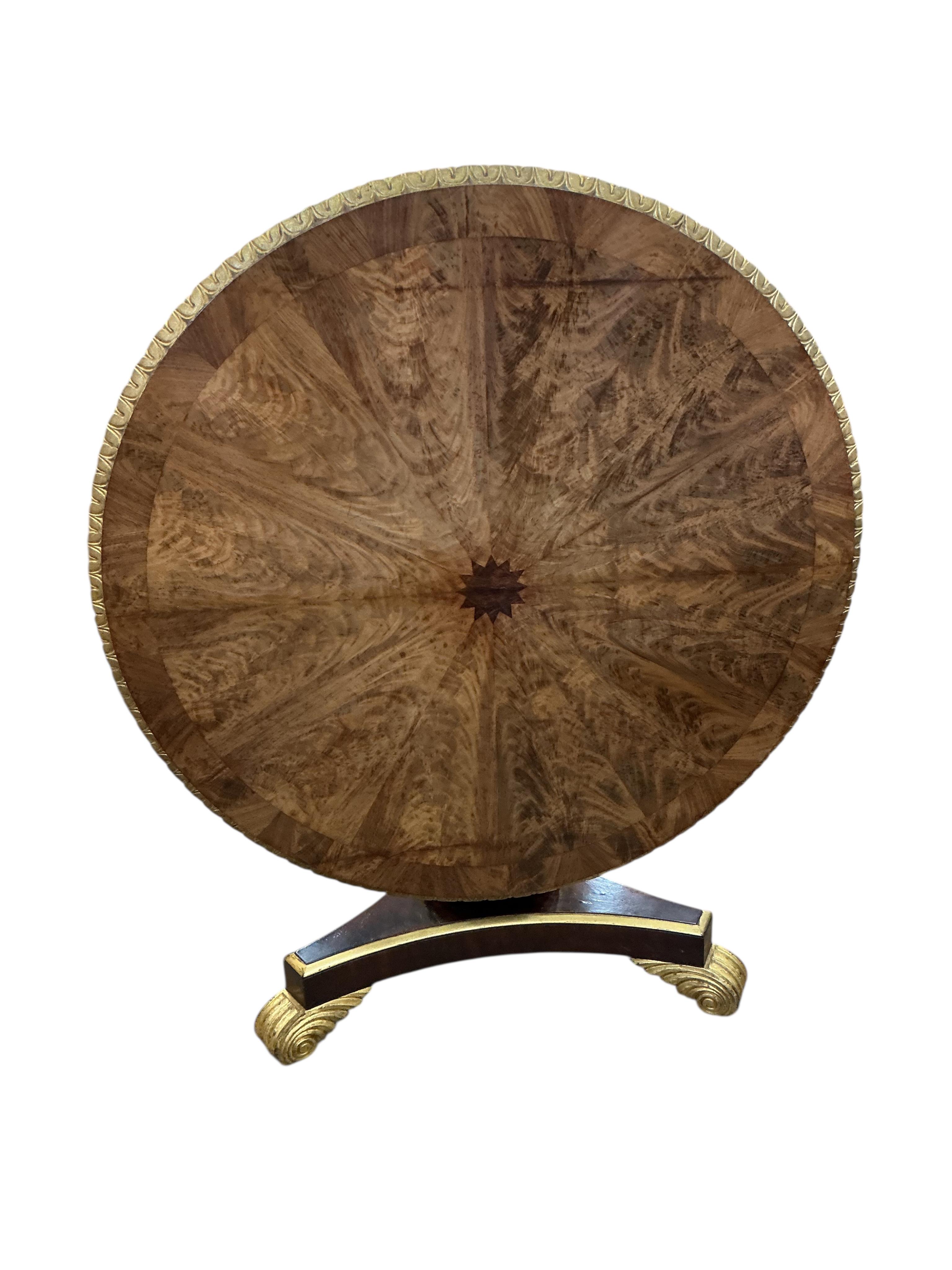 A William IV and later segmental mahogany veneer, parcel gilt circular tilt top breakfast table, diameter 120cm, height 72cm and a harlequin set of six later painted balloon back chairs